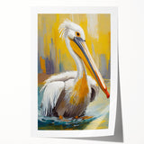 Colorful pelican wall art design featuring vibrant shades of blue, orange, and yellow, printed on rolled canvas for home decor enhancement, showcasing intricate details and textures. Perfect for coastal-themed interiors or bird lovers.