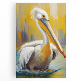 Vibrant stretched canvas wall art showcasing a detailed pelican design, featuring rich colors and intricate textures, perfect for enhancing coastal home decor.