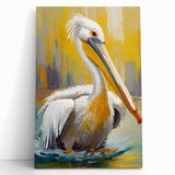 Stretched canvas wall art showcasing a vibrant pelican design against a serene blue background, perfect for coastal decor. Ideal for enhancing living spaces with a nature theme.