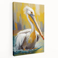 Stretched canvas wall art featuring a colorful pelican design, showcasing vibrant blues and yellows, perfect for coastal or bird-themed decor.