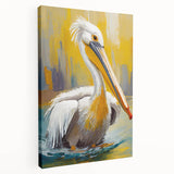 Stretched canvas wall art featuring a colorful pelican design, showcasing vibrant blues and yellows, perfect for coastal or bird-themed decor.