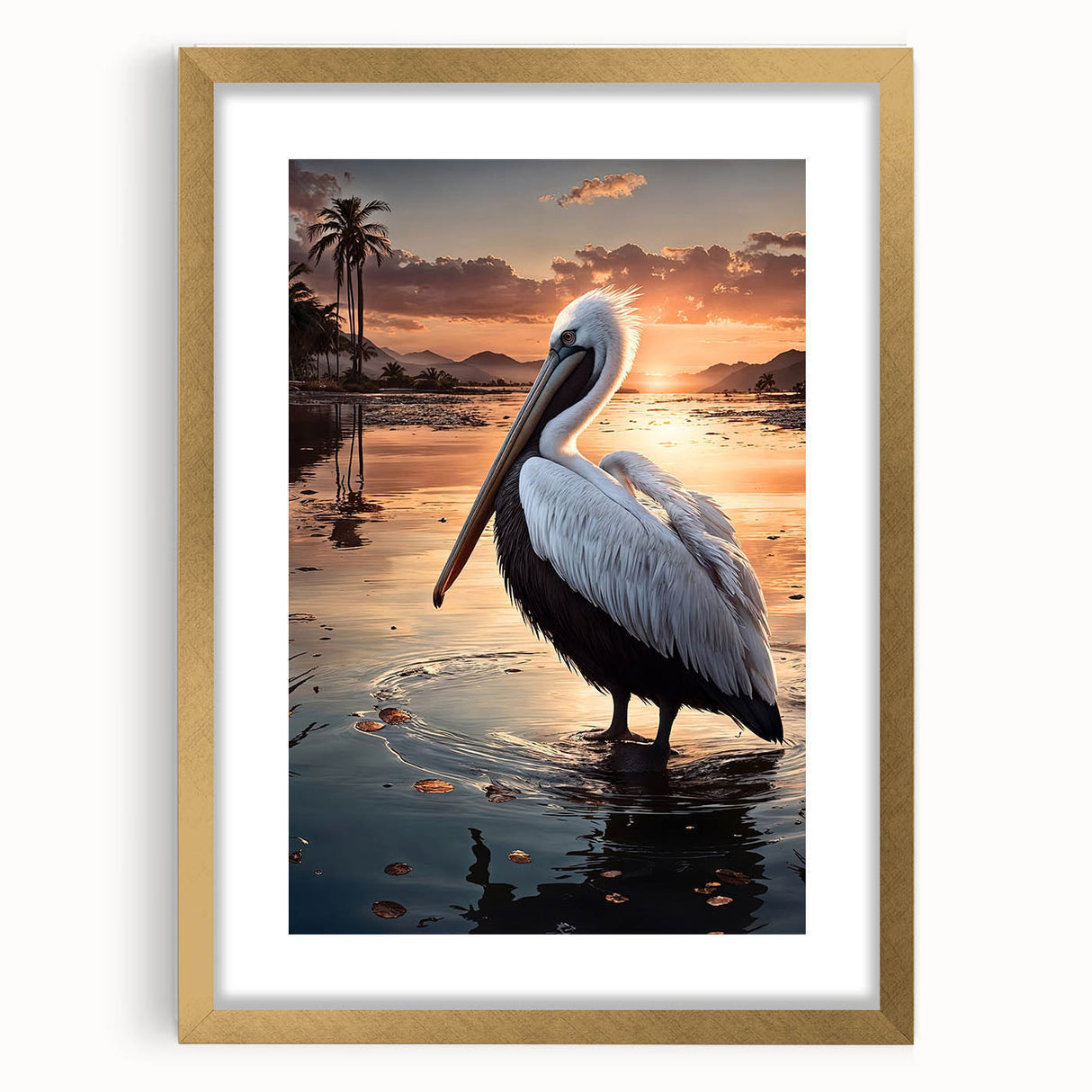 Elegant gold-framed wall art featuring a serene pelican design, perfect for enhancing home decor. The artwork includes a white mat for added sophistication.