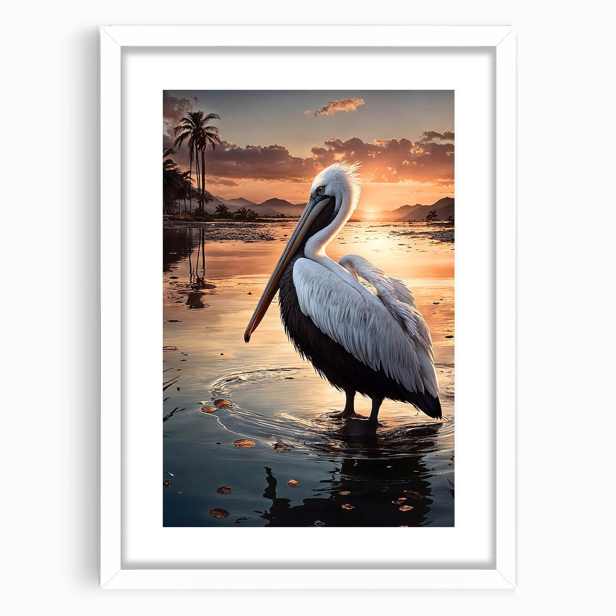 Framed wall art featuring a white mat and a vibrant pelican design, showcasing colorful birds with intricate details, ideal for enhancing home decor.