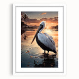Framed wall art featuring a white mat and a vibrant pelican design, showcasing colorful birds with intricate details, ideal for enhancing home decor.