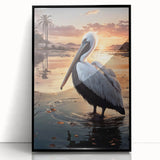 Framed wall art featuring a black pelican design in a contemporary style, showcasing vibrant colors and intricate details, ideal for modern home decor.