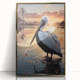 Framed wall art showcasing an elegant pelican design in gold acrylic, set against a sleek background, perfect for home decor or coastal-themed interiors.