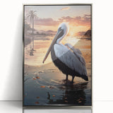 Framed wall art featuring a silver-accented pelican design, showcasing intricate details and vibrant colors, perfect for enhancing home decor with a coastal theme.