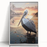 Framed acrylic wall art showcasing a pelican design in a white frame, ideal for coastal or nature-themed decor, adding elegance and tranquility to any space.