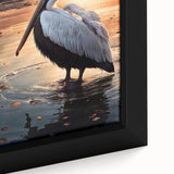 Close-up of a framed canvas wall art piece showcasing a vibrant pelican design, featuring intricate details and rich colors, perfect for enhancing any coastal-themed decor.