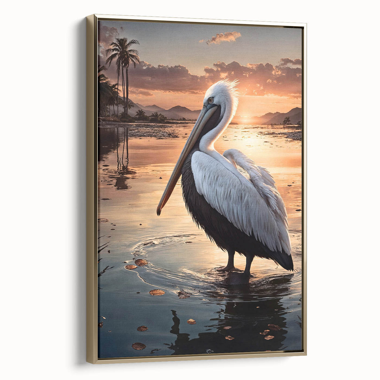 Framed canvas wall art featuring a side view of a golden pelican design, showcasing intricate details and vibrant colors, perfect for coastal decor enthusiasts.