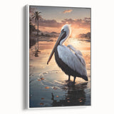 Framed canvas wall art showcasing a side view of a pelican design in serene white tones, perfect for coastal-themed home decor and bird enthusiasts. This piece adds elegance and tranquility to any interior space.