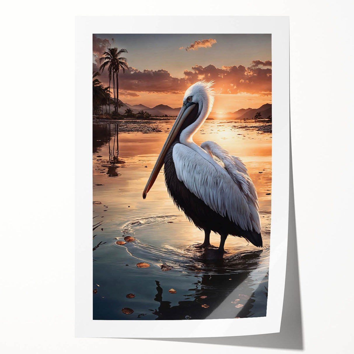 Colorful pelican wall art print featuring intricate designs and vibrant hues, showcasing a coastal theme ideal for home decor. The artwork is rolled and ready for framing, enhancing any room's aesthetic with its lively imagery.