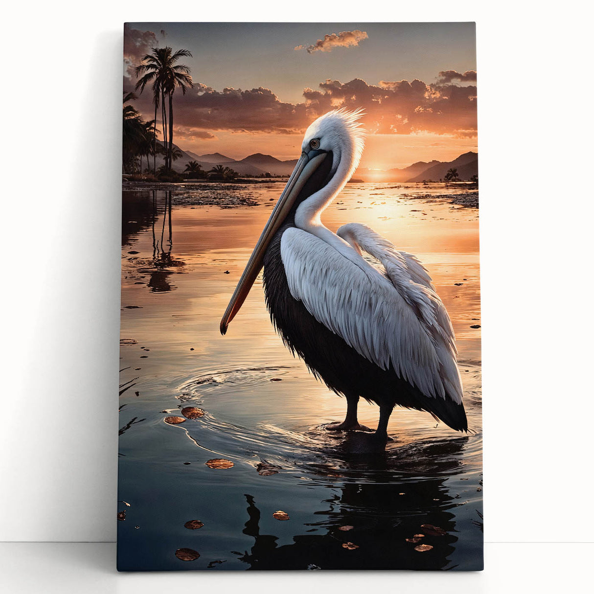 Colorful pelican wall art collection on stretched canvas, showcasing a vibrant coastal design with intricate details, ideal for beach-themed home decor.