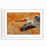 Framed wall art featuring a white mat and a vibrant pelican design, perfect for enhancing coastal home decor. Ideal for bird lovers and art enthusiasts.