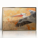 Framed wall art featuring a stylish pelican design with a gold acrylic front, perfect for coastal-themed decor. The artwork adds elegance and sophistication to any interior space.