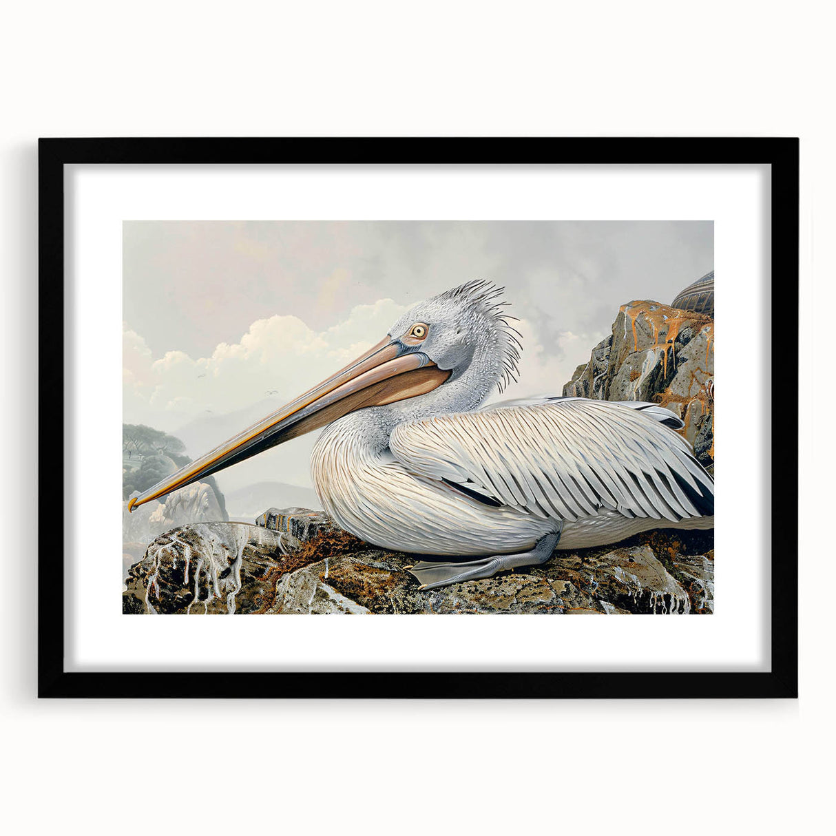 Framed wall art featuring a pelican design in a sleek black frame with a white mat, showcasing vibrant colors against a neutral backdrop, ideal for coastal decor.