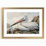 Elegant wall art featuring a framed pelican design with a gold mat, showcasing intricate details and vibrant colors, perfect for enhancing home decor.