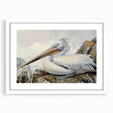 Framed wall art featuring a pelican design in a white mat, showcasing vibrant colors and intricate details, perfect for enhancing home decor.