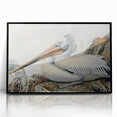 Framed wall art featuring a modern pelican design in vibrant colors, set in a sleek black frame, ideal for enhancing contemporary home decor. This acrylic artwork captures the elegance of the pelican, making it a striking focal point for any room.