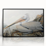 Framed wall art featuring a modern pelican design in vibrant colors, set in a sleek black frame, ideal for enhancing contemporary home decor. This acrylic artwork captures the elegance of the pelican, making it a striking focal point for any room.