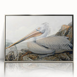 Framed wall art featuring a stylish silver-accented pelican design, beautifully displayed with a modern aesthetic, perfect for enhancing any contemporary decor.