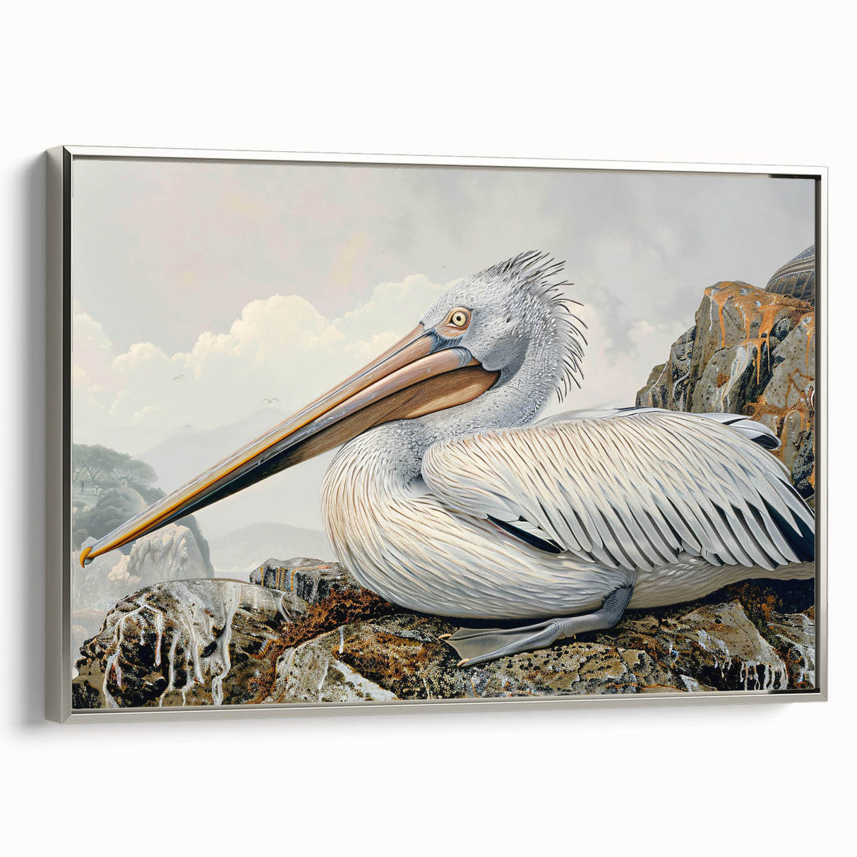 Framed wall art featuring a sleek silver-accented pelican design on canvas, showcasing vibrant colors and intricate details, ideal for modern coastal decor.