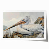 Colorful pelican wall art print showcasing a vibrant design with intricate details, rolled and ready for framing, ideal for beach-themed decor or bird enthusiasts.