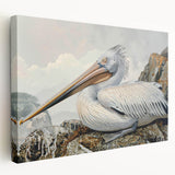 Stretched canvas wall art featuring a side view of a pelican design, showcasing vibrant colors and intricate details, perfect for coastal home decor. Ideal for nature enthusiasts and art collectors.