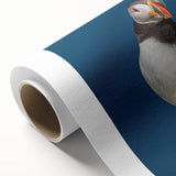 Colorful rolled canvas artwork showcasing a vibrant puffin design, perfect for home decor. The piece features intricate details and rich hues, ideal for bird lovers.