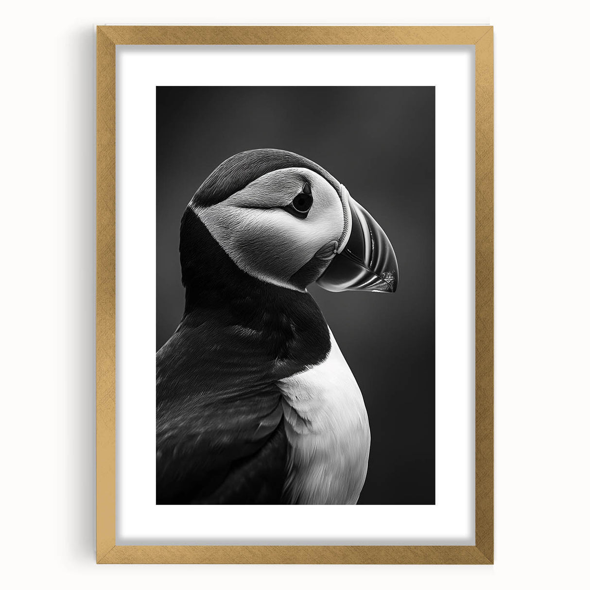 Framed wall art featuring a vibrant puffin design with a gold frame, showcasing colorful birds against a neutral background, perfect for home decor.