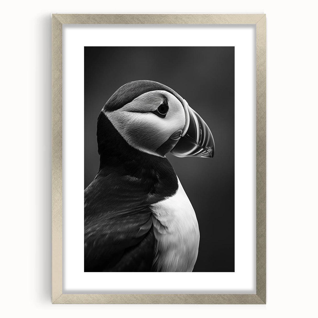 Framed wall art featuring a colorful puffin design, showcased in a sleek silver frame with a white mat, perfect for enhancing any modern interior decor.