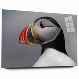 Side view of a vibrant puffin-themed wall art piece displayed in an acrylic glass frame, showcasing detailed colors and textures, perfect for modern decor.