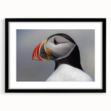 Framed wall art featuring a colorful puffin design on a white background, encased in a sleek black frame with a mat, perfect for modern home decor.
