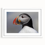 Puffin wall art collection framed in white with a mat, showcasing detailed illustrations of colorful puffins against a serene background, perfect for nature enthusiasts.