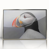Framed wall art collection featuring a vibrant puffin design on an acrylic background, showcasing intricate details and a sleek silver frame, perfect for nature-themed decor.