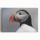 Colorful puffin wall art design on stretched canvas, showcasing vibrant hues and intricate details, perfect for enhancing modern home decor or coastal-themed interiors.