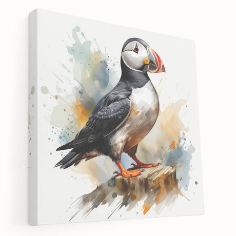 Vibrant puffin wall art collection on stretched canvas showcasing colorful bird designs in a side view, perfect for adding a whimsical touch to home decor.