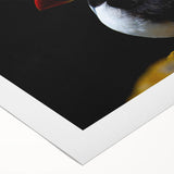 Rolled canvas artwork showcasing a vibrant puffin design, featuring rich colors and intricate details, ideal for enhancing modern home decor, presented in a protective cardboard tube.