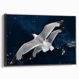 Framed canvas wall art featuring a vibrant sea bird design, showcasing various colorful birds against a serene blue background, perfect for coastal-themed decor.