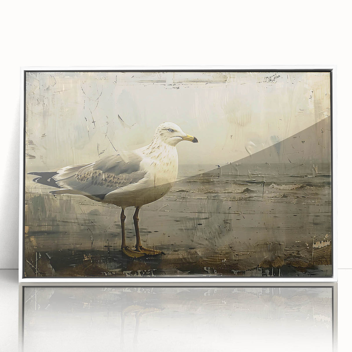 Framed wall art showcasing a collection of colorful sea birds in a serene coastal setting, with a sleek white frame enhancing its modern aesthetic. Perfect for nature lovers and coastal decor enthusiasts.