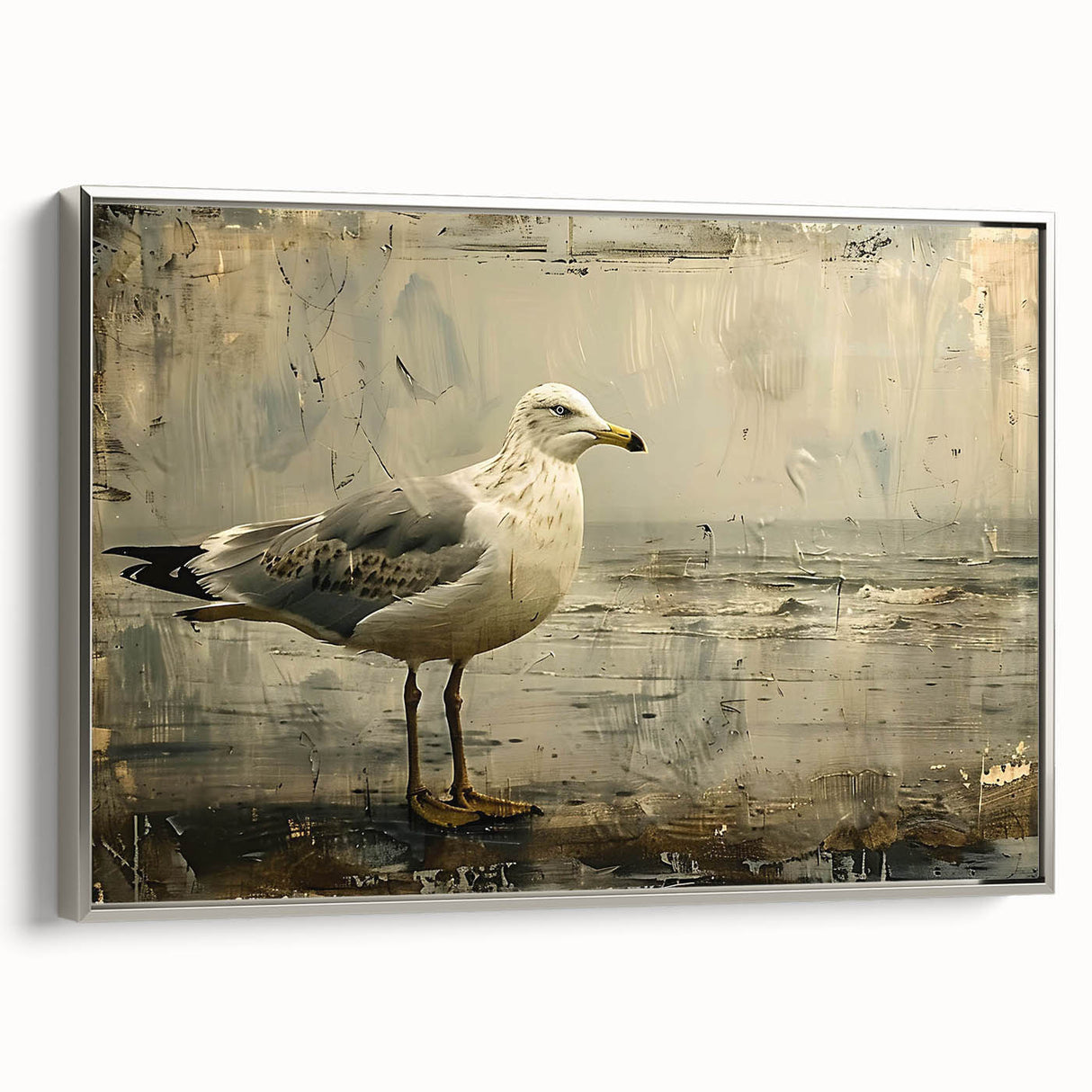Framed canvas wall art showcasing a serene sea bird design, featuring soft blue tones and silver accents, ideal for coastal-themed home decor.