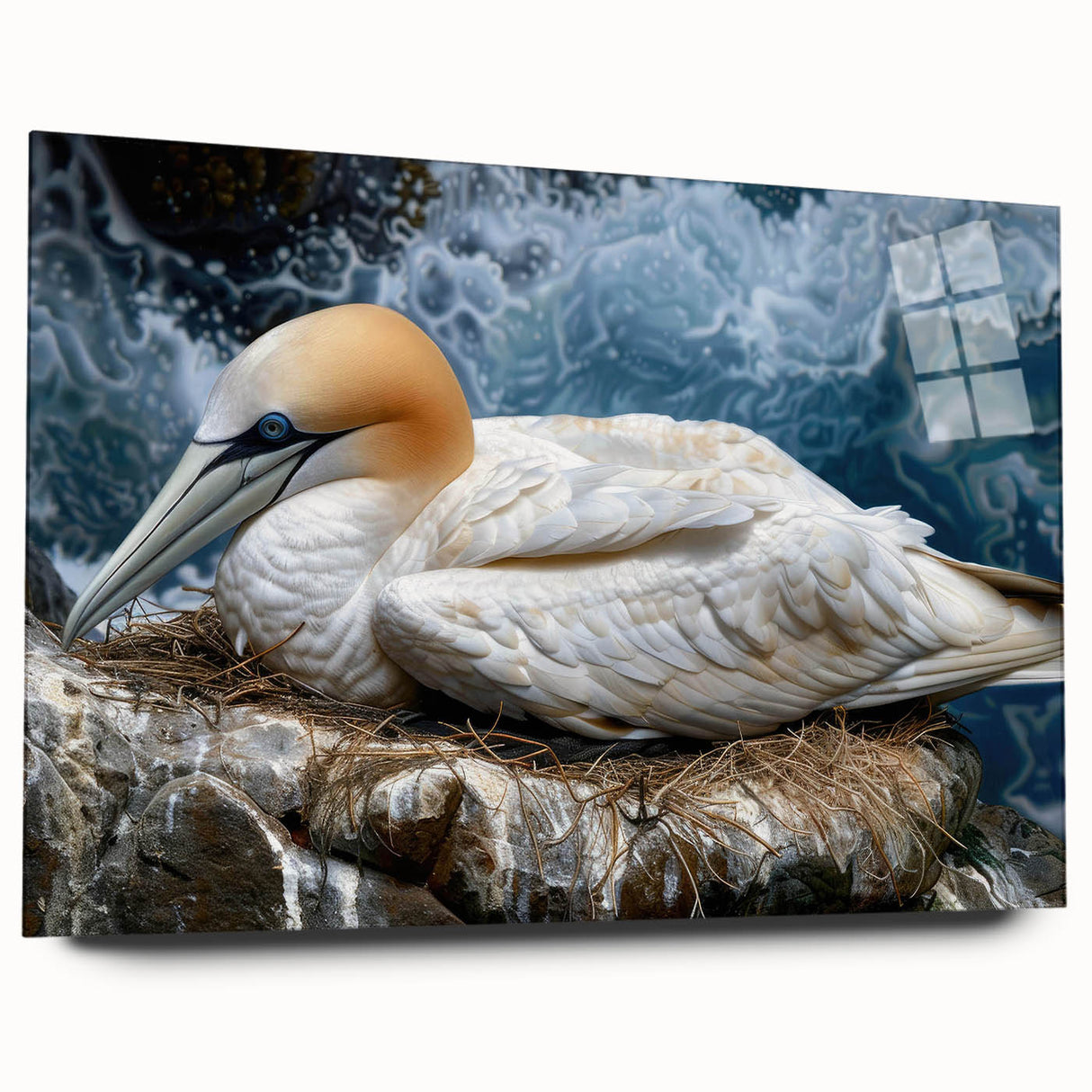 Acrylic wall art collection showcasing a vibrant sea birds design, featuring a colorful array of oceanic hues and intricate details, displayed in a side view without pins.