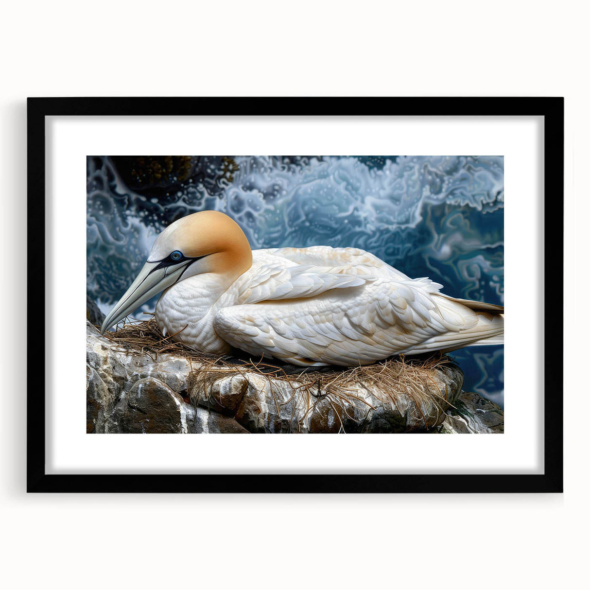 Framed wall art collection showcasing vibrant sea bird designs with a black frame and mat, perfect for coastal-themed decor in living spaces.