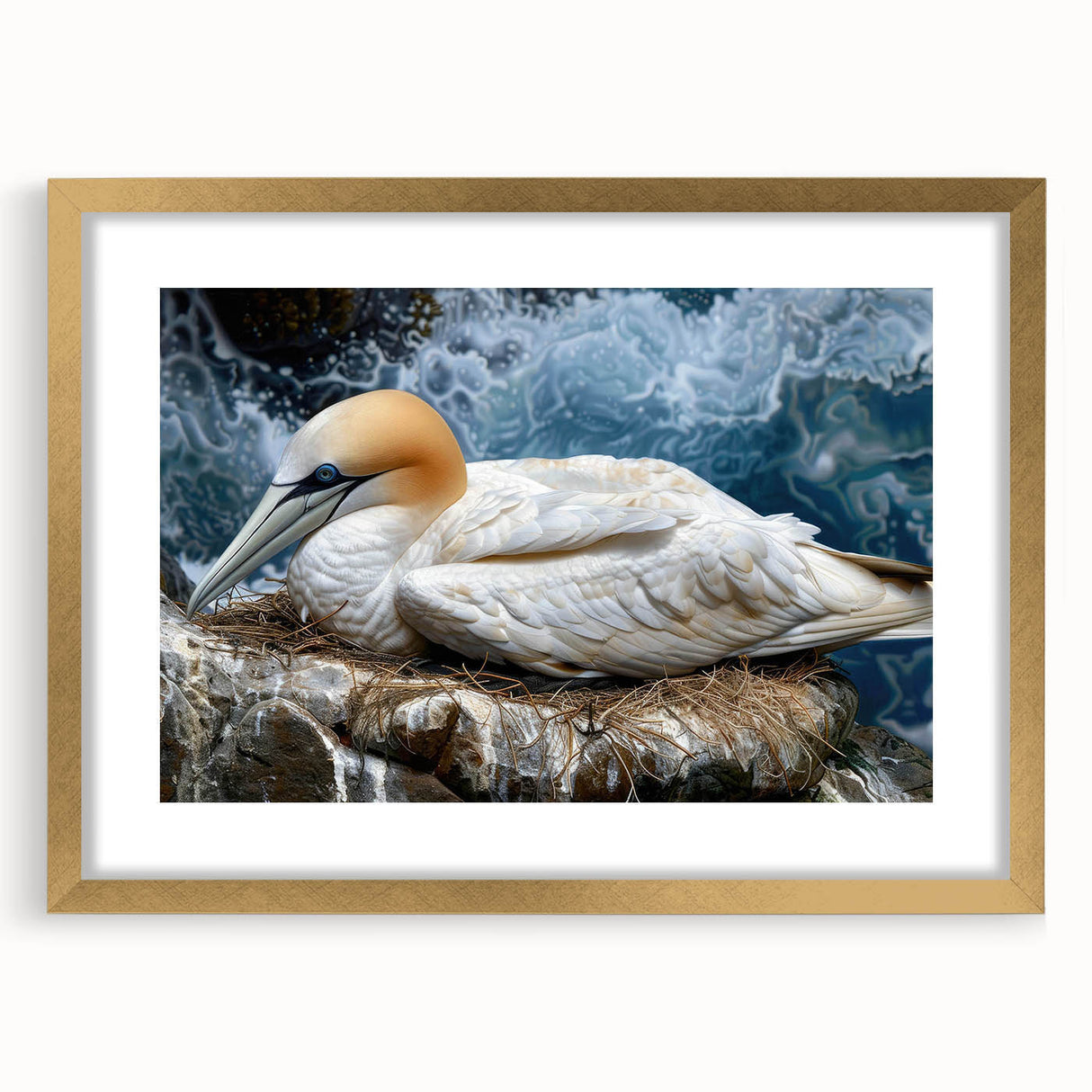 Framed wall art collection featuring a design of vibrant sea birds in a gold frame with a mat, perfect for coastal-themed decor. Ideal for enhancing living spaces.