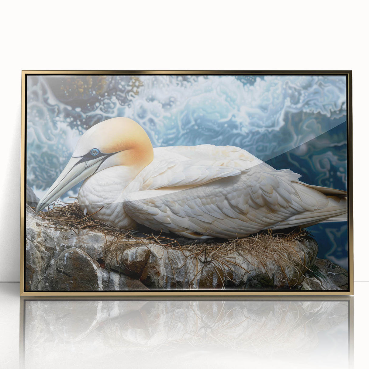 Framed wall art depicting a collection of colorful sea birds on a gold-accented background. The artwork is designed to enhance coastal-themed decor, showcasing vibrant colors and intricate details. Perfect for adding a touch of nature to home interiors.