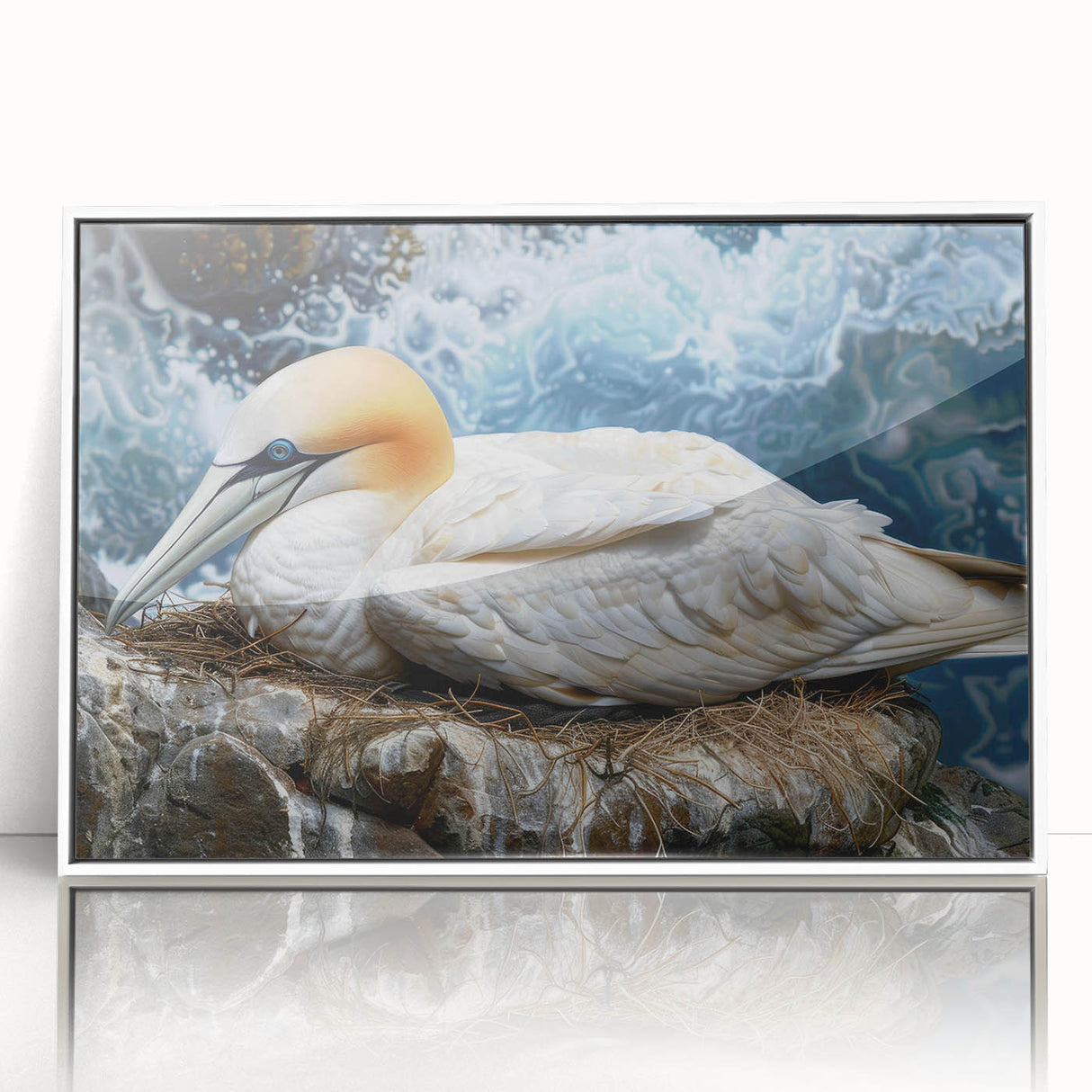 Framed wall art collection showcasing three sea bird designs, featuring vibrant colors and a sleek white frame, perfect for coastal-themed decor.