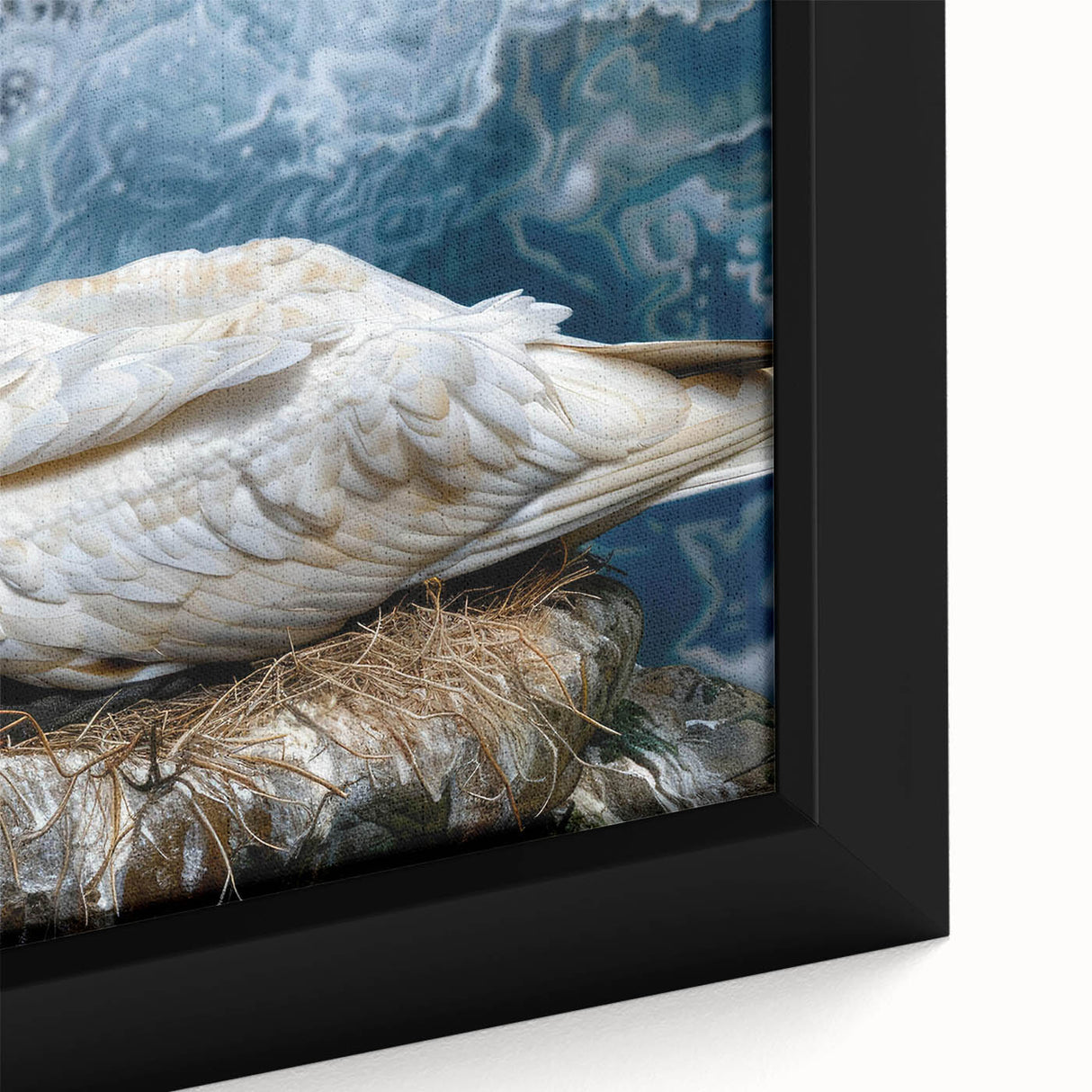 Close-up of a framed canvas showcasing a vibrant sea birds design, featuring intricate details and bold colors, perfect for coastal home decor.