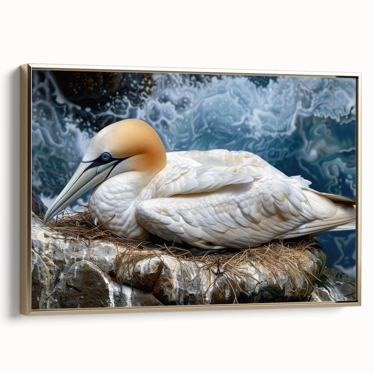 Framed canvas wall art featuring a collection of sea birds in a vibrant design, displayed from the side with a gold frame, adding elegance to any décor.