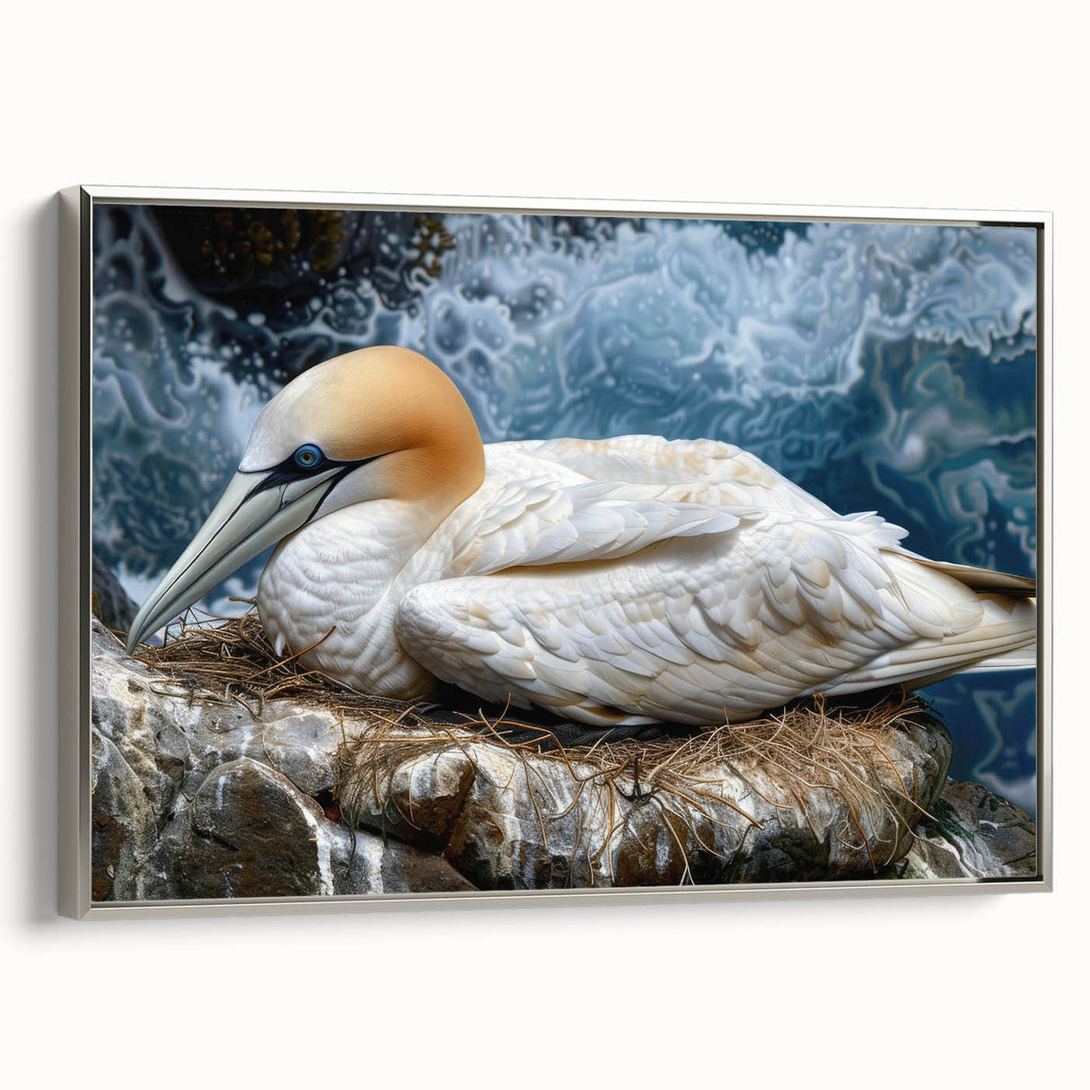 Framed wall art featuring a collection of sea birds in a striking design, showcasing intricate details and vibrant colors on a silver backdrop, perfect for coastal decor.