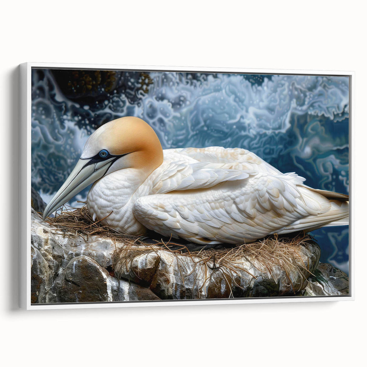 Framed canvas wall art featuring a collection of illustrated sea birds in various colors, displayed from a side view against a white background, ideal for coastal decor.